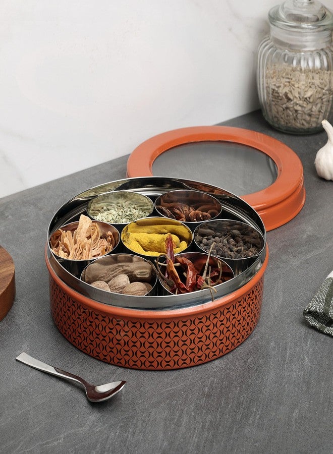 dudki 7 in 1 Stainless Steel Spice box for kitchen sturdy Masala dabba jar for Spices Seamless Design (Orange Rust) - Image 2